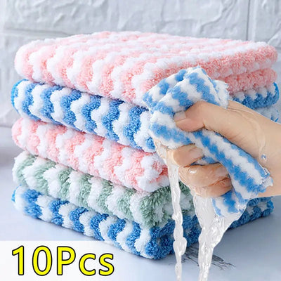 10pcs Microfiber Dish Towels - Ultra Absorbent Coral Fleece Cleaning Cloths, Thickened Scouring Pads for Kitchen & RV Use